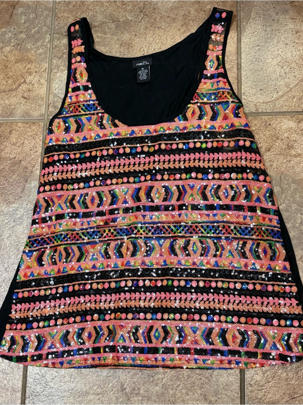 Rue21 Black Tank Top with Multicolor Sequin Embroidery-XL